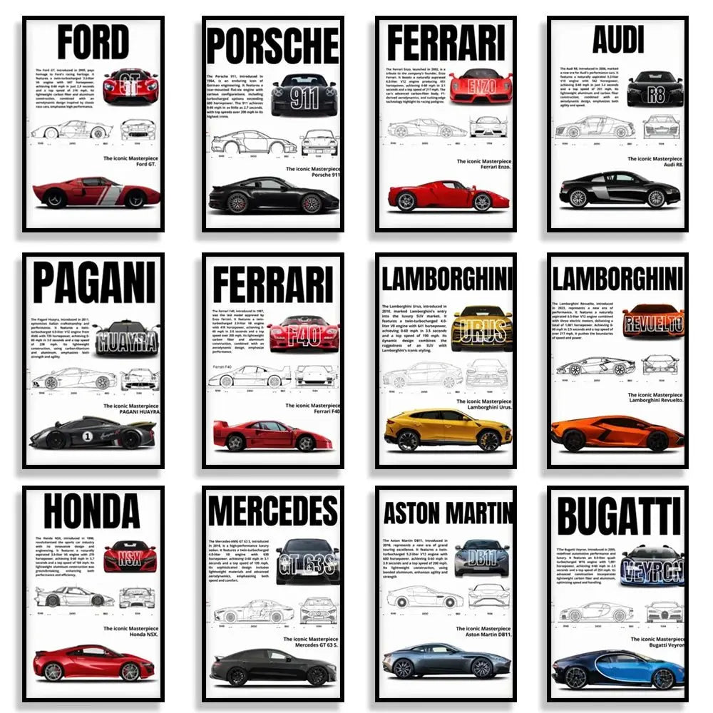 Ensemble Complet de Posters de Voitures Célèbres – 911, DB11, F40 – Impression sur Toile pour Décoration Murale Moderne de Salon ou Chambre – Cadeau Sans Cadre - Minimaloria