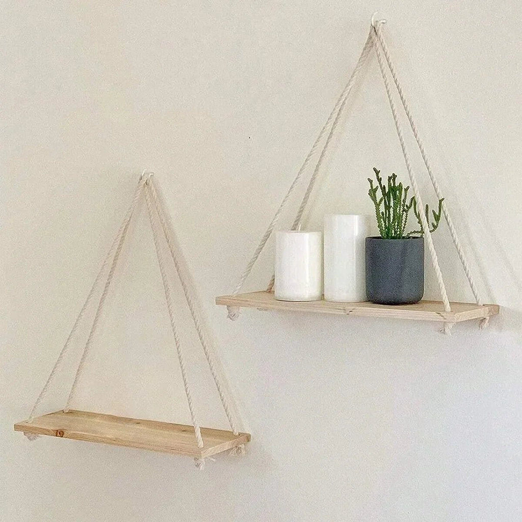 Étagère Murale Suspendue en Bois – Plateau Flottant avec Corde en Chanvre, Décoration pour Maison, Salon, Jardin, Plantes et Fleurs – 1 Pièce - Minimaloria