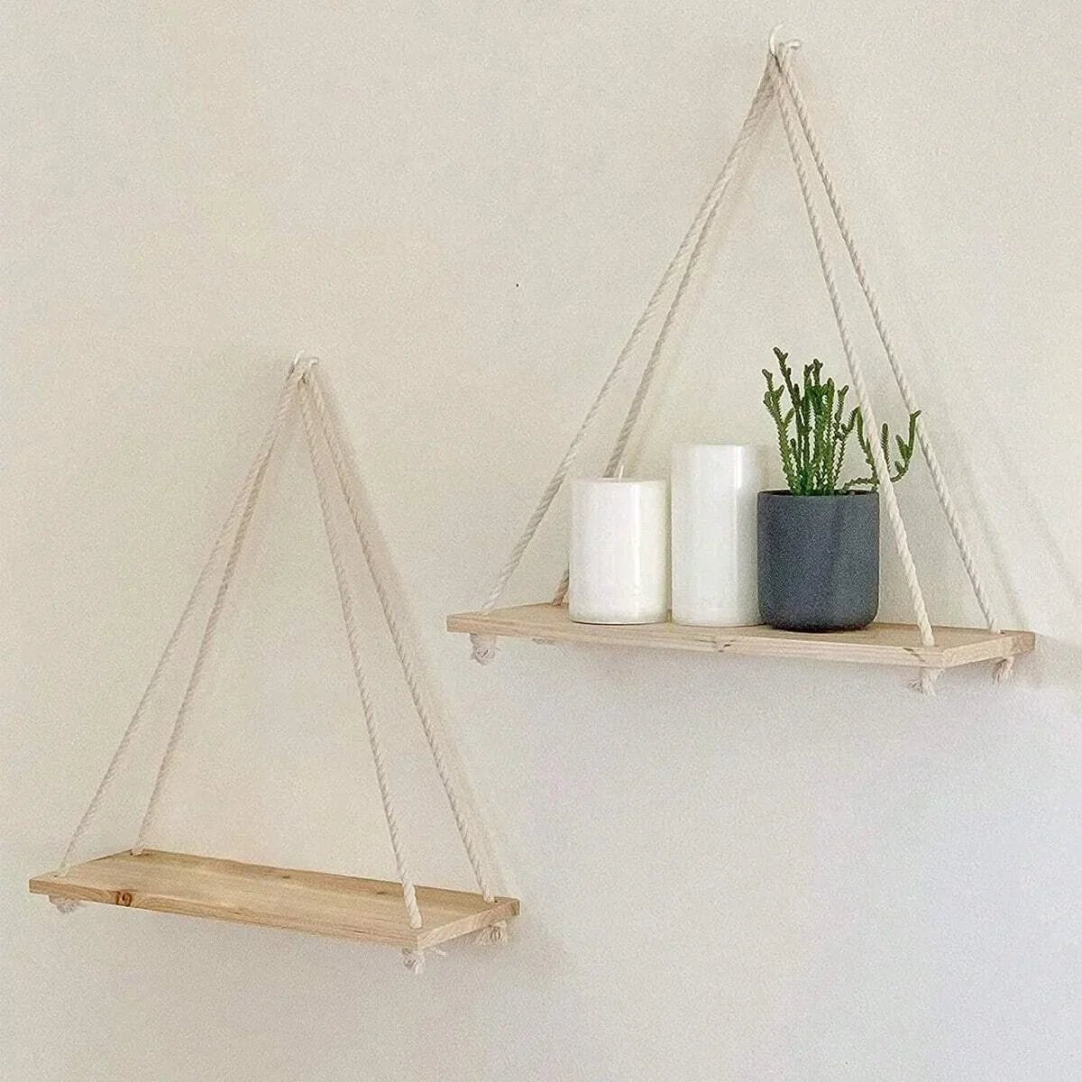 Étagère Murale Suspendue en Bois – Plateau Flottant avec Corde en Chanvre, Décoration pour Maison, Salon, Jardin, Plantes et Fleurs – 1 Pièce - Minimaloria