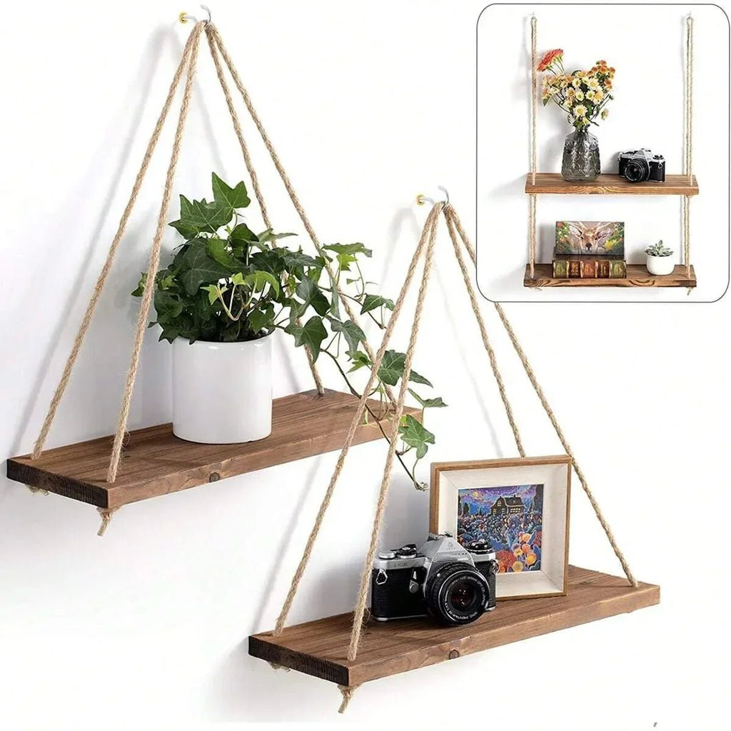 Étagère Murale Suspendue en Bois – Plateau Flottant avec Corde en Chanvre, Décoration pour Maison, Salon, Jardin, Plantes et Fleurs – 1 Pièce - Minimaloria