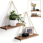 Étagère Murale Suspendue en Bois – Plateau Flottant avec Corde en Chanvre, Décoration pour Maison, Salon, Jardin, Plantes et Fleurs – 1 Pièce - Minimaloria