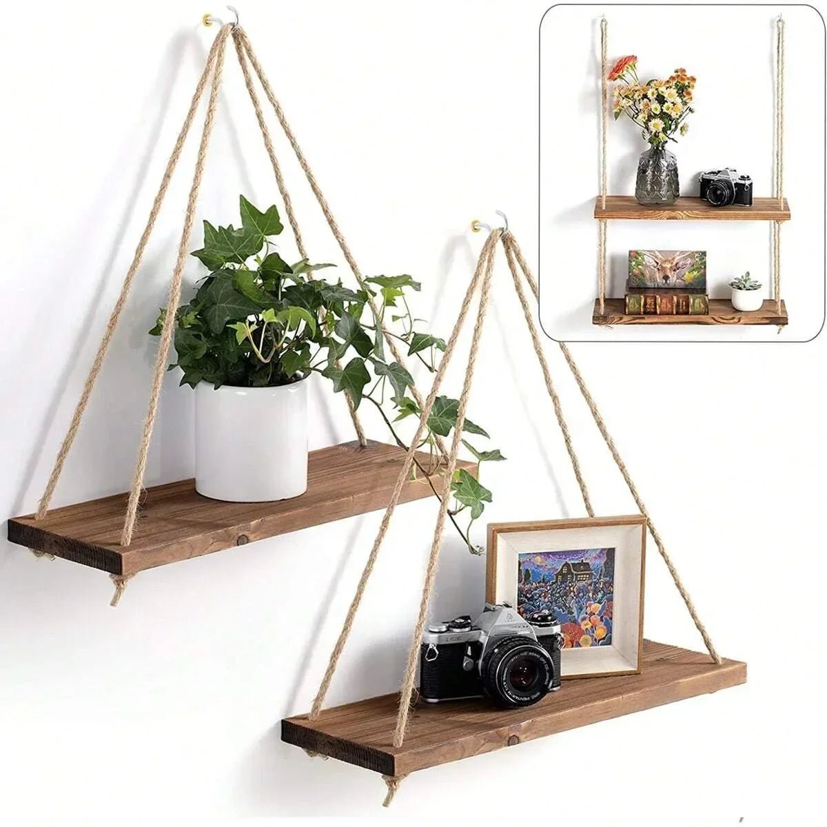 Étagère Murale Suspendue en Bois – Plateau Flottant avec Corde en Chanvre, Décoration pour Maison, Salon, Jardin, Plantes et Fleurs – 1 Pièce - Minimaloria