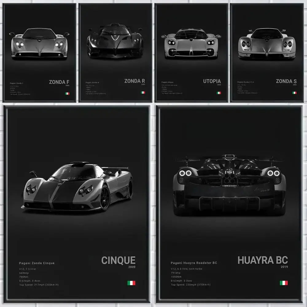 Poster Supercar de Luxe P - Pagani Noir – Stickers Étanches pour Décoration Murale de Salon, Bar ou Chambre - Minimaloria