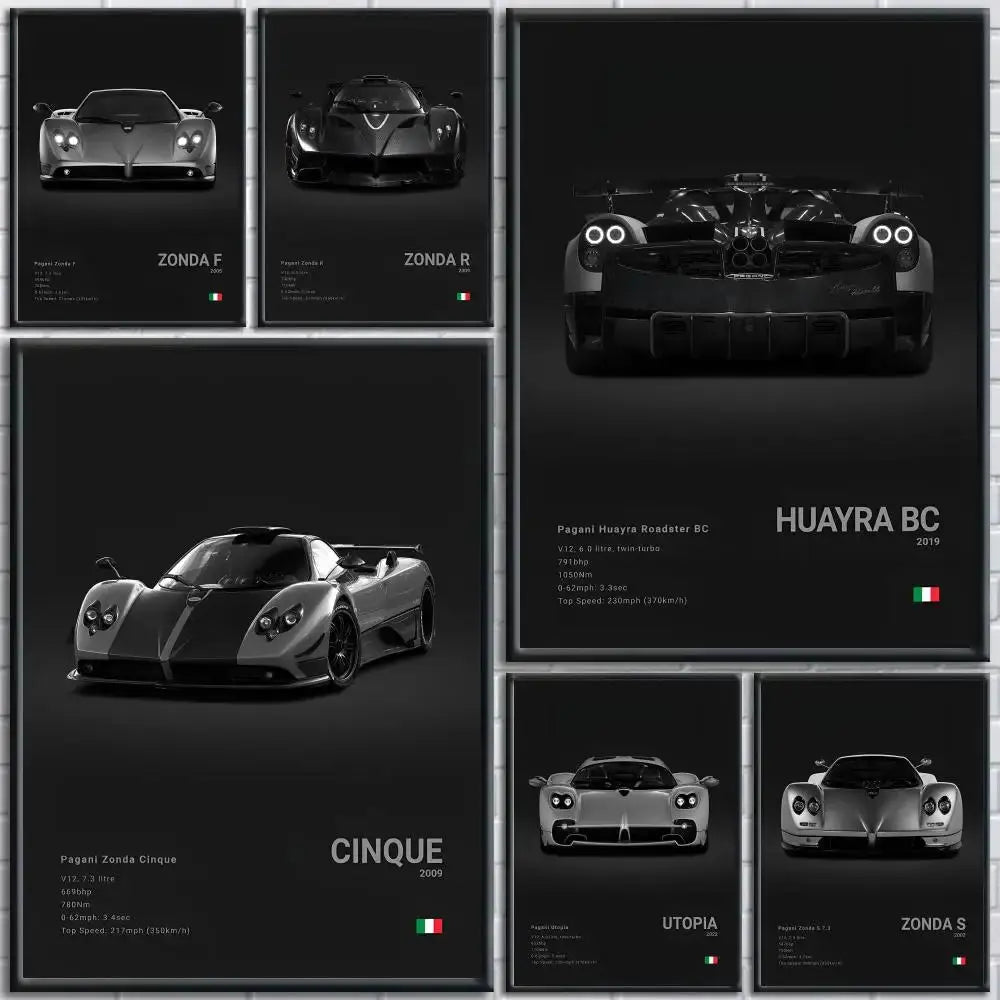 Poster Supercar de Luxe P - Pagani Noir – Stickers Étanches pour Décoration Murale de Salon, Bar ou Chambre - Minimaloria