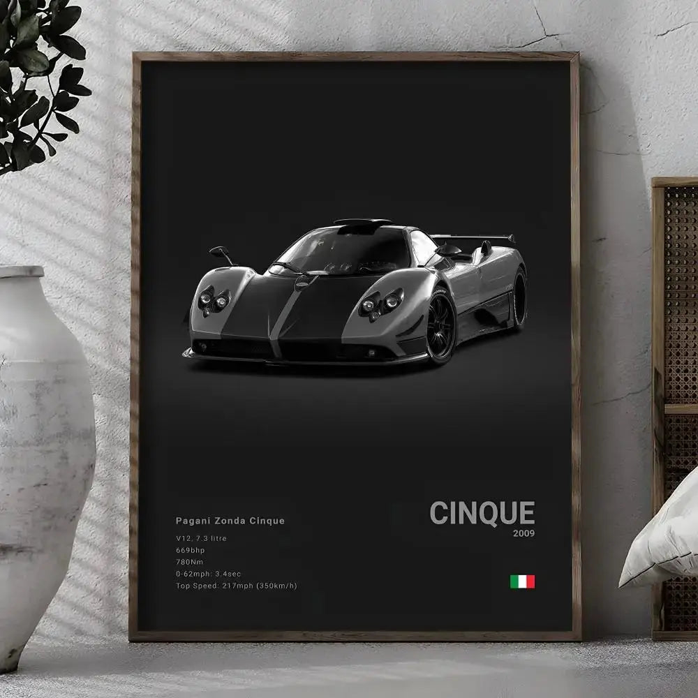 Poster Supercar de Luxe P - Pagani Noir – Stickers Étanches pour Décoration Murale de Salon, Bar ou Chambre - Minimaloria