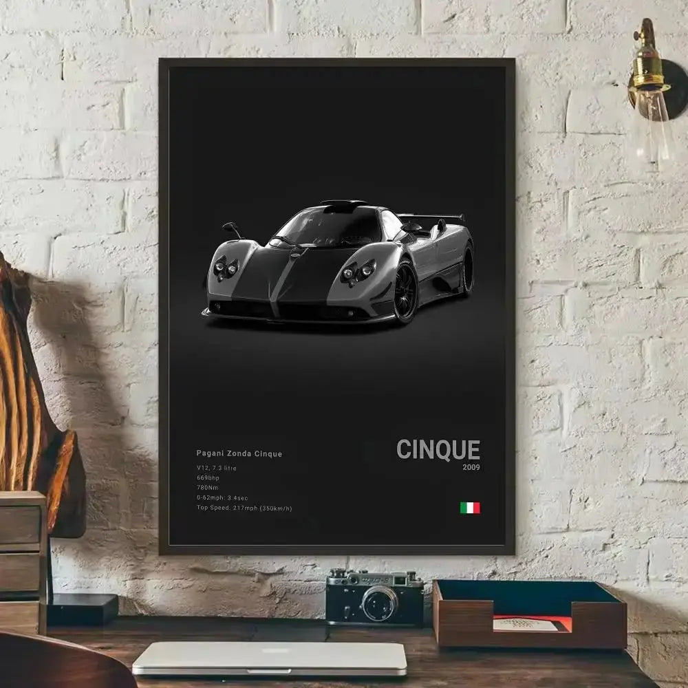 Poster Supercar de Luxe P - Pagani Noir – Stickers Étanches pour Décoration Murale de Salon, Bar ou Chambre - Minimaloria