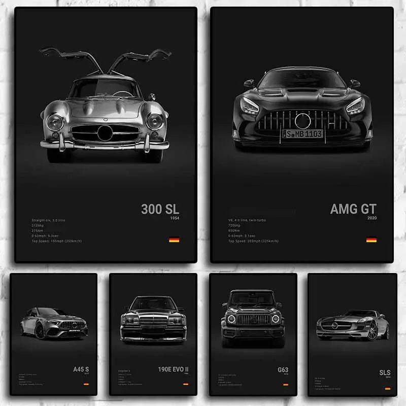 Poster Voiture de Luxe Allemande Noir et Blanc – G63, SL, GTR, Sedan – Décoration Murale Garage et Chambre - Minimaloria