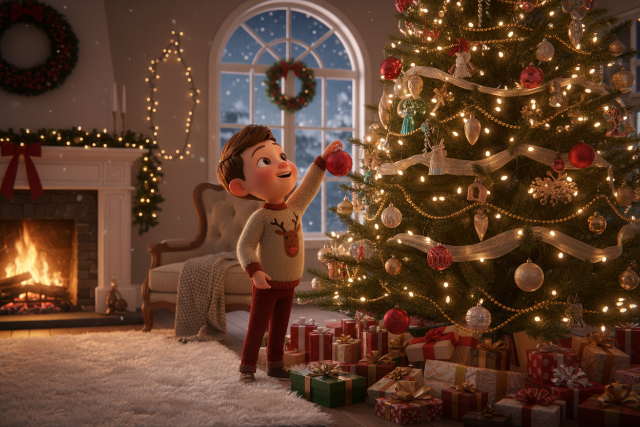 video de noel avec un sapin est un enfait qui mes une boule de noel 